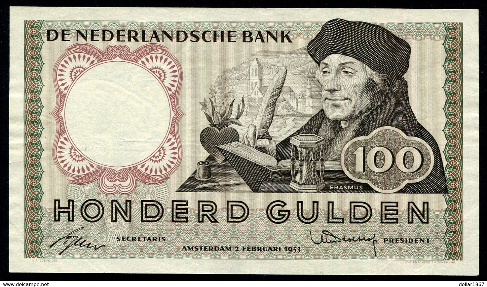 :Netherlands  -  100 Gulden 2-2-1953 "Erasmus" NO : 5 UG 092111 - 100 Florín Holandés (gulden)