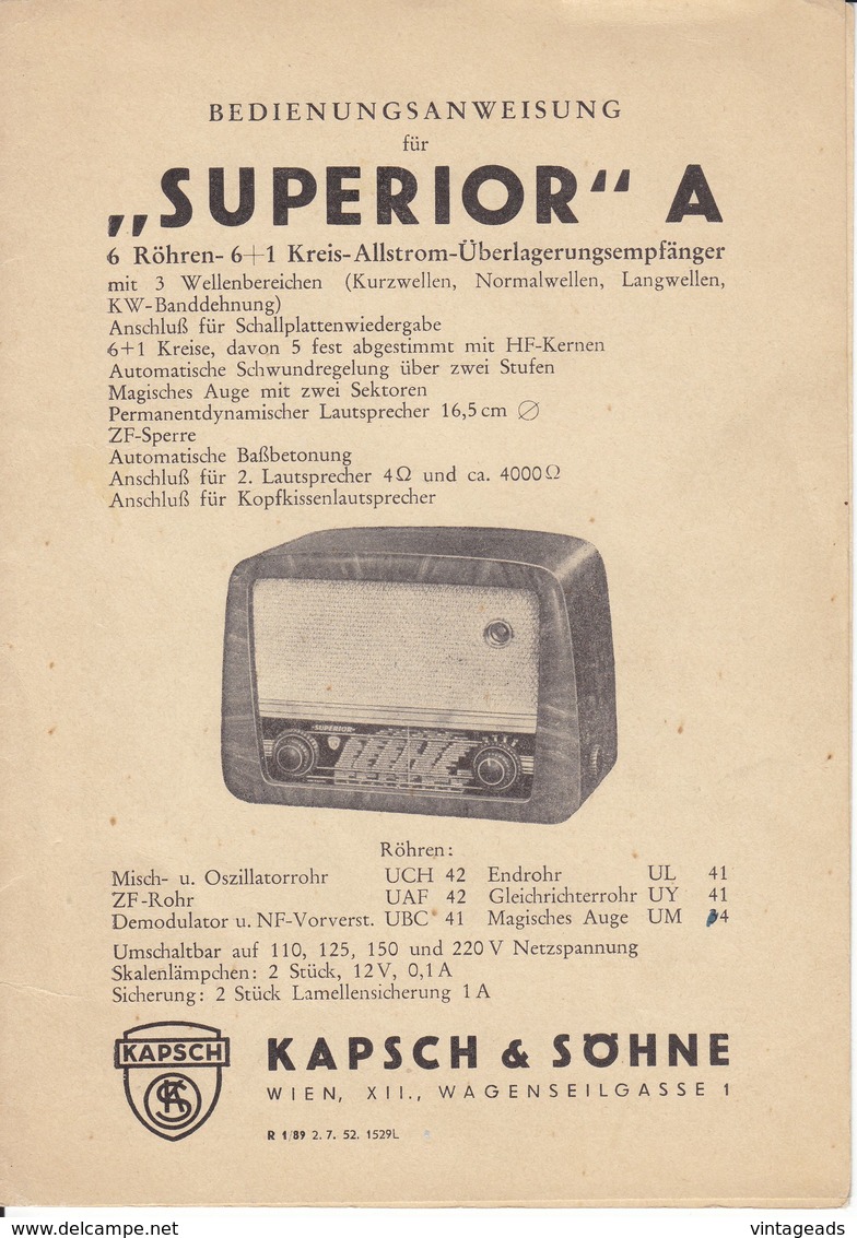 (AD380) Original Anleitung Röhrenradio SUPERIOR A, Kapsch & Söhne, Mit Schaltplan - Shop-Manuals