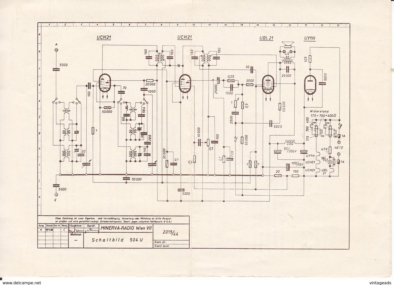 (AD381) Original Anleitung Röhrenradio MINERVA 504 U, Deutsch, 1944 - Shop-Manuals