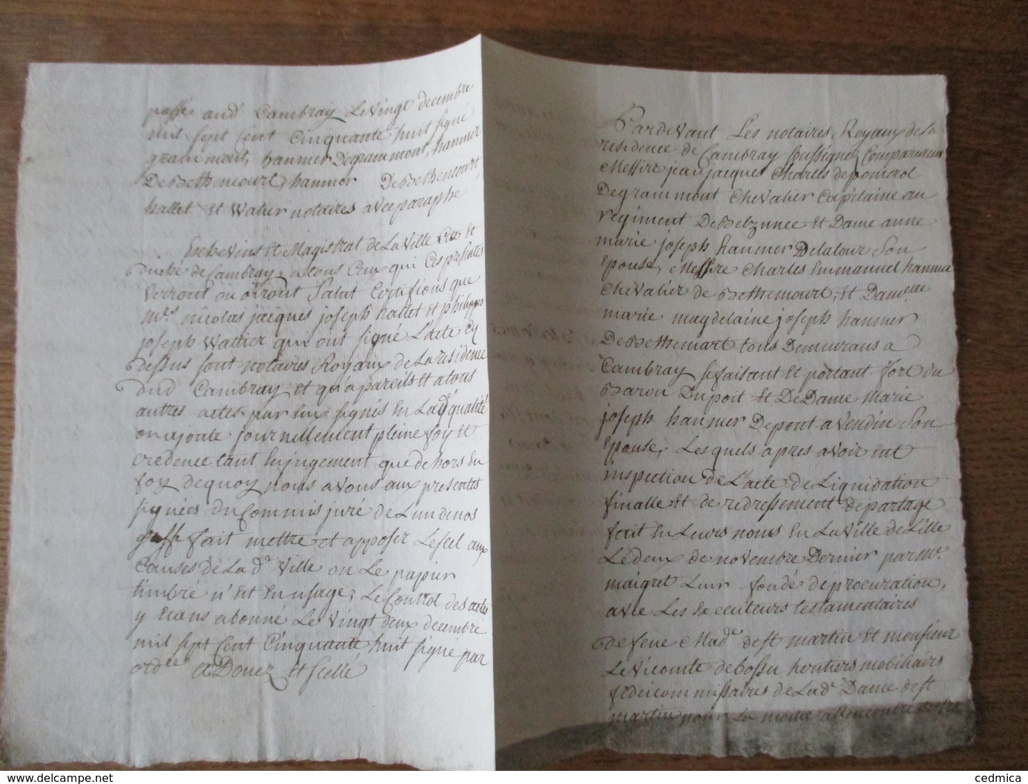 CAMBRAY LE 22 DECEMBRE 1758 COMPARURENT MESSIRE JEAN JACQUES CHARLES DEPOMEROL DEGRAMMONT CHEVALIER CAPITAINE AU REGIMEN - Manuscritos