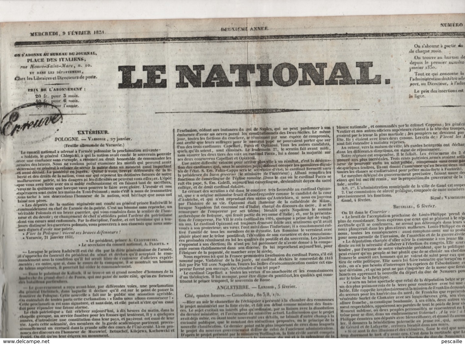 LE NATIONAL 09 02 1831 - VARSOVIE - CONCLAVE - DUC DE NEMOURS ROI DES BELGES - ANVERS - CONTRE REVOLUTION - CARPENTRAS - 1800 - 1849