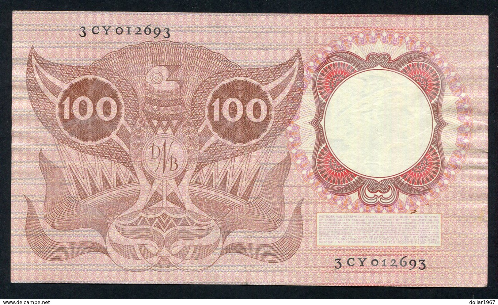 :Netherlands  -  100 Gulden 2-2-1953 "Erasmus" NO : 3 CY 012693 - 100 Gulden