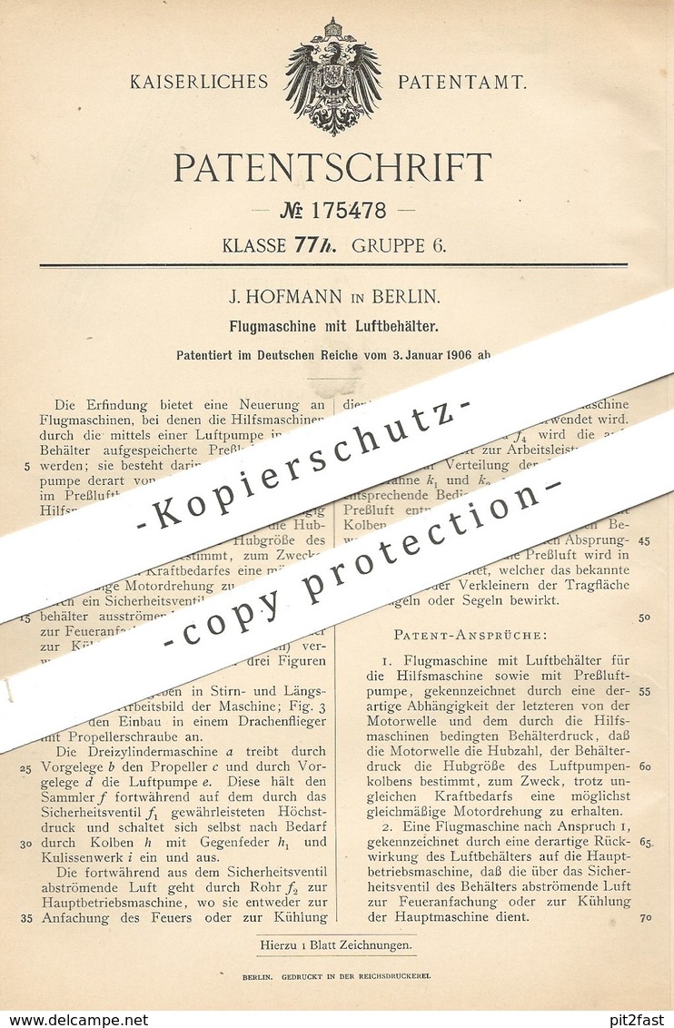 Original Patent - J. Hofmann , Berlin , 1906 , Flugmaschine Mit Luftbehälter | Luftpumpe , Fliegen , Flieger , Luftfahrt - Historische Dokumente