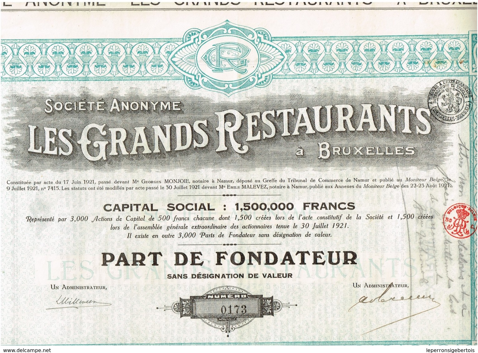 Titre Ancien - Société Anonyme Les Grands Restaurants à Bruxelles -Titre De 1921 - Tourisme