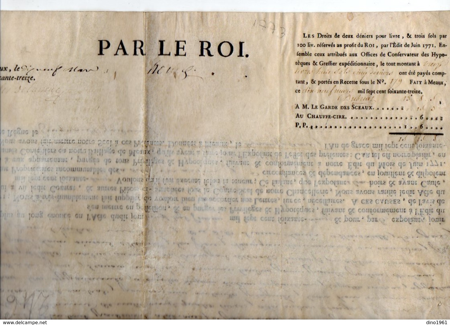 VP16.995 - Cachet Généralité De PARIS - Superbe Acte De 1773 ( 42 X 28 ) Concernant Une Maison Située à MEAUX - Cachets Généralité