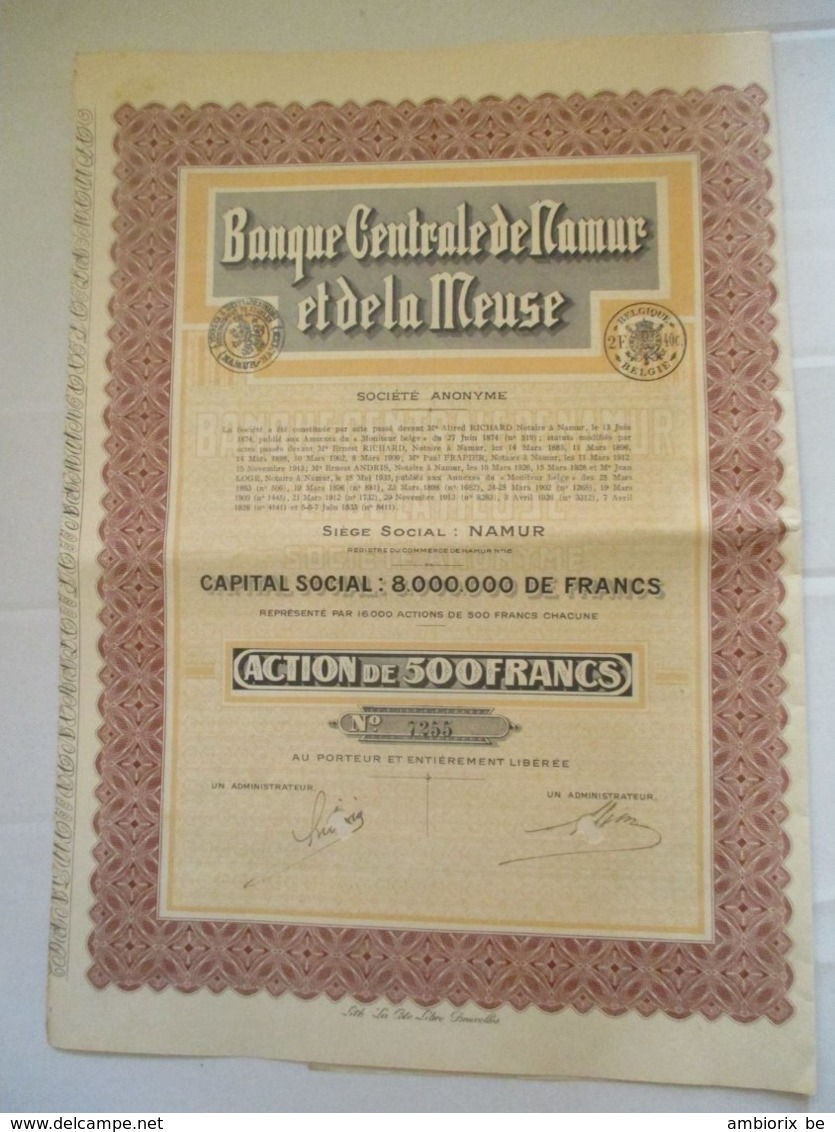 Banque Centrale De Namur Et De La Meuse - Action De 500 Francs - Banque & Assurance