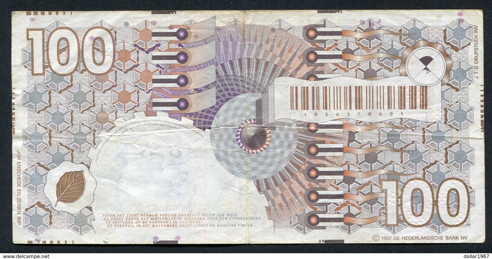 :Netherlands  -  100 Gulden 1992 'Steenuil' (grote ©) NR : 102 - Bruin - 100 Florín Holandés (gulden)