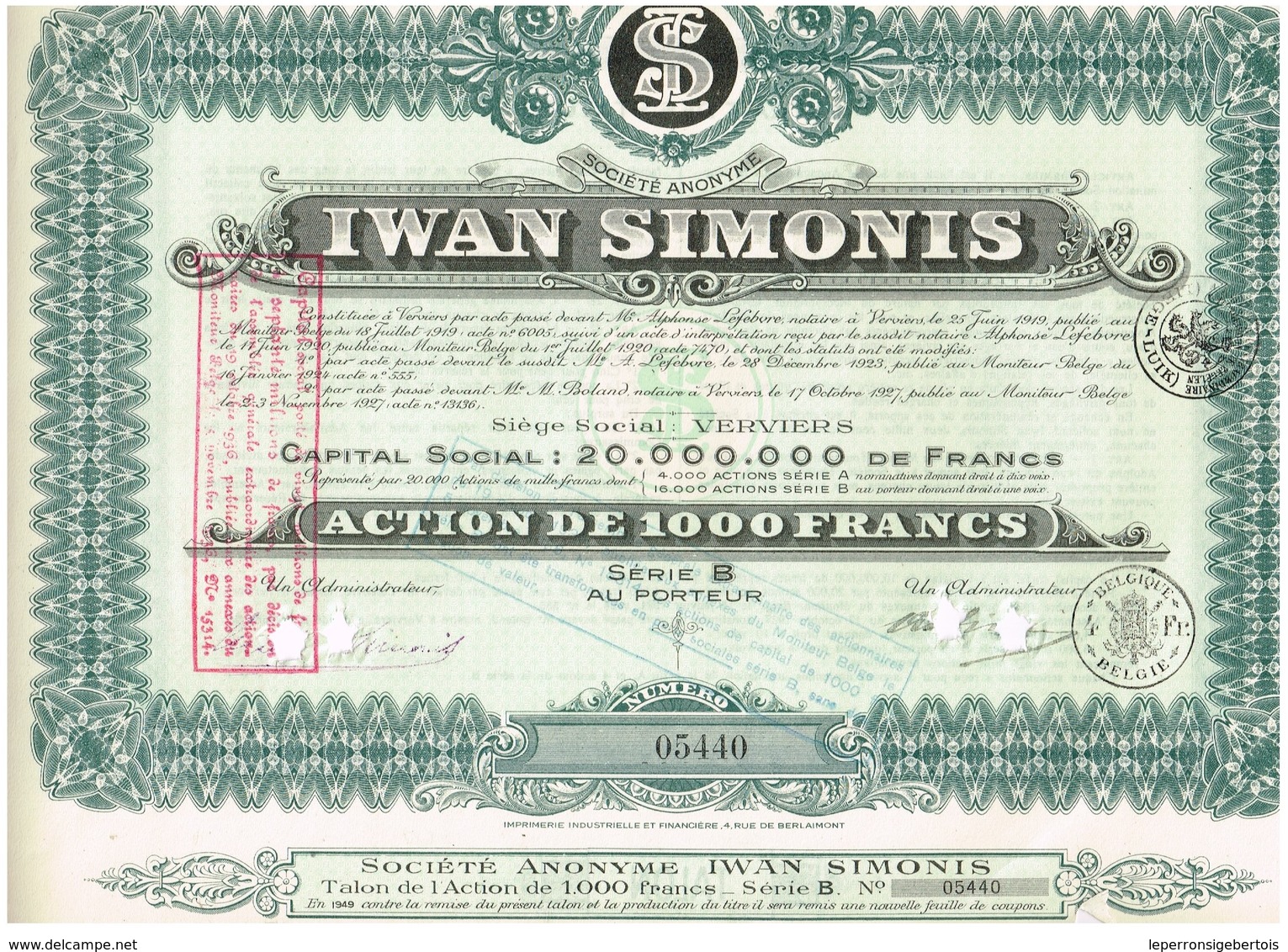 Titre Ancien - Société Anonyme Iwan Simonis -Titre De 1927 - - Textile