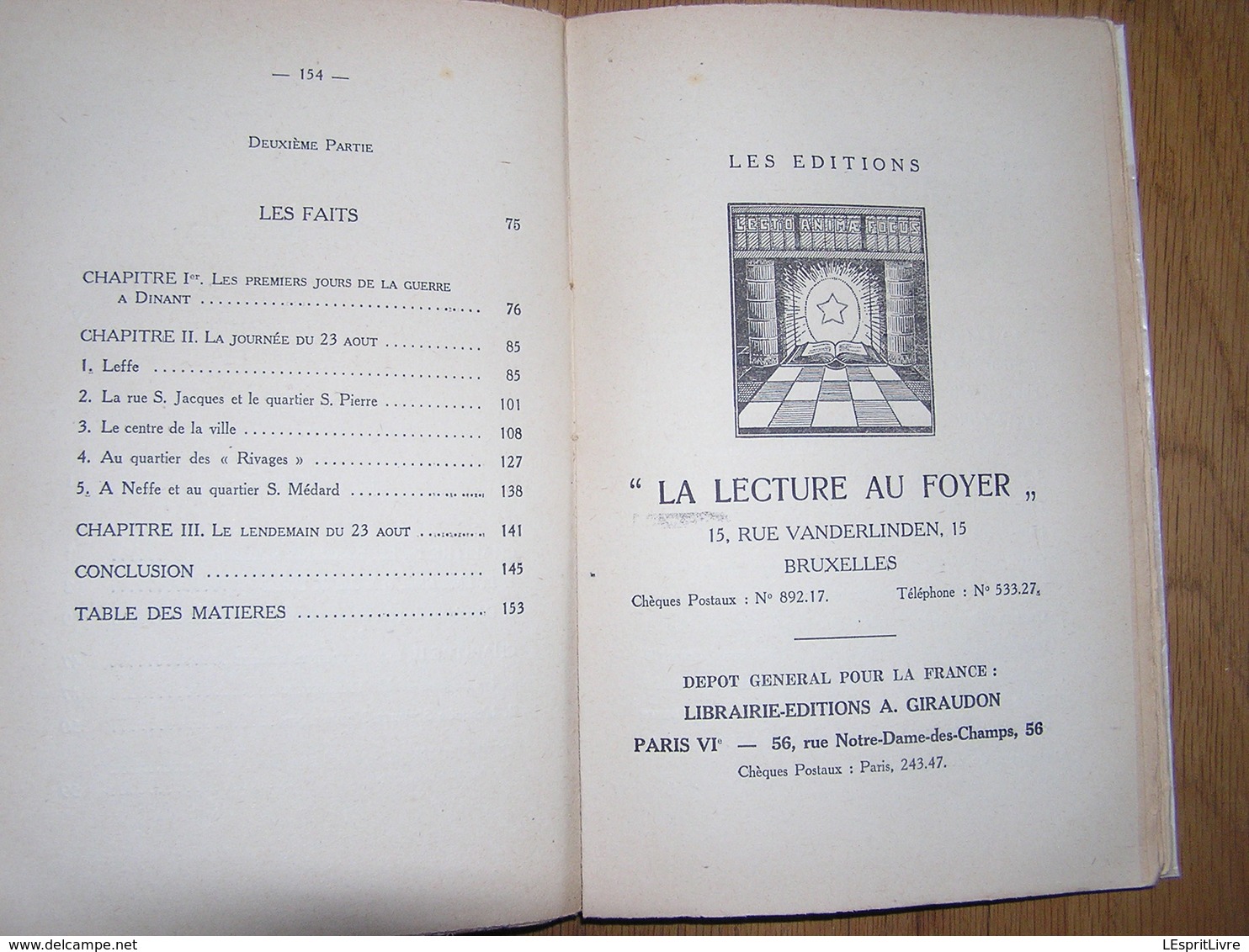 LE SAC DE DINANT Régionalisme Guerre 14 18 Massacre Martyrs Documents Allemands Rapport Leffe Neffe Saint Médard Pierre