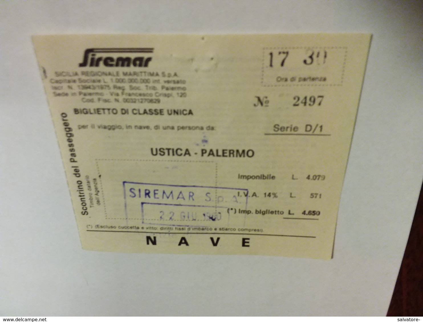 BIGLIETTO TRAGHETTO SIREMAR DA USTICA PER PALERMO - 1980 - Europa