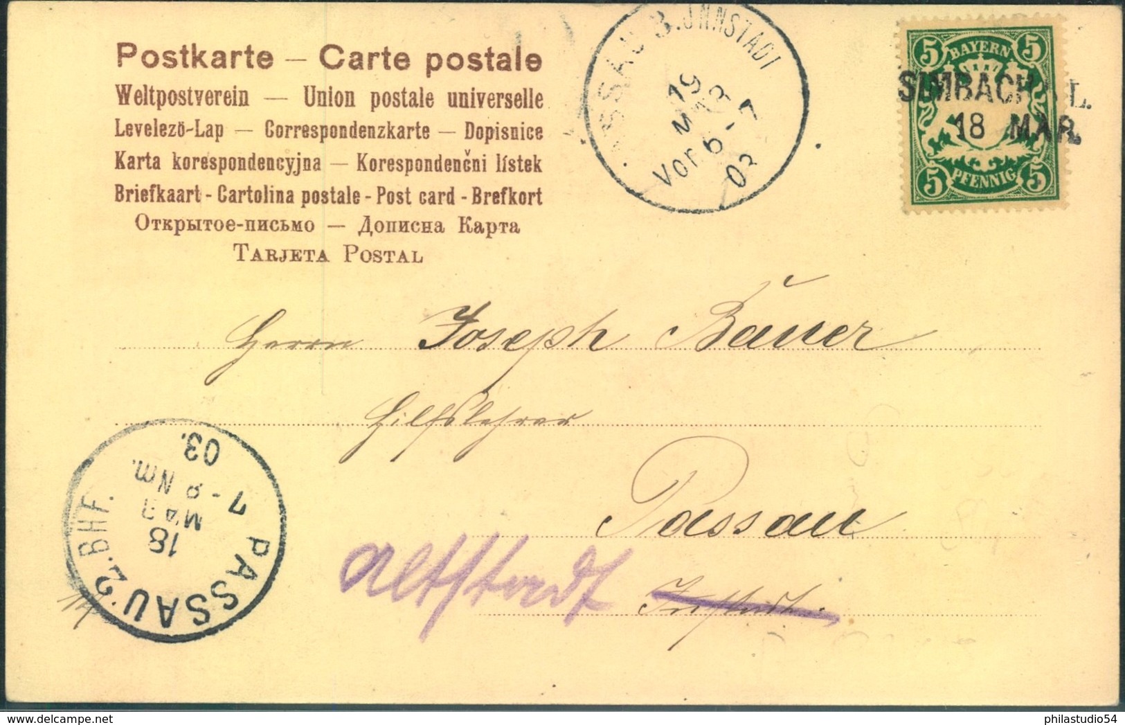 1903, "SIMBACH Auf Postkarte Nach Passau - Briefe U. Dokumente