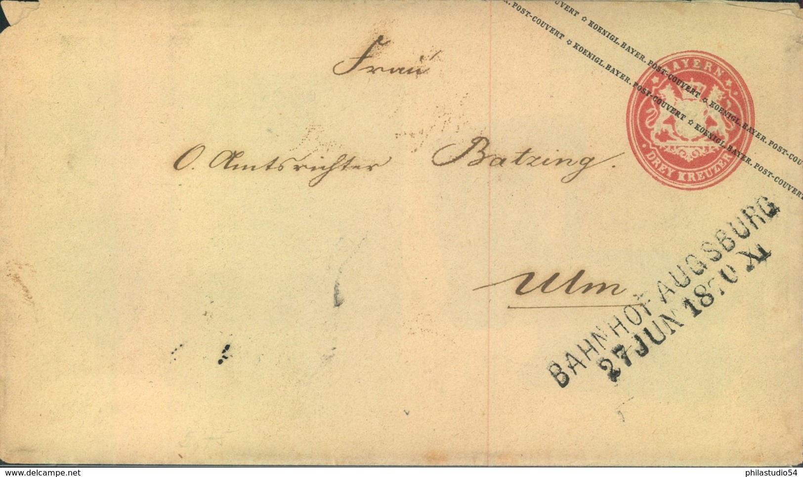 1870, 3 Kreuzer Wappen Ganzsachenumschlag Mit L2 "BAHNHOF AUSGEBURG" Nach Ulm - Entiers Postaux