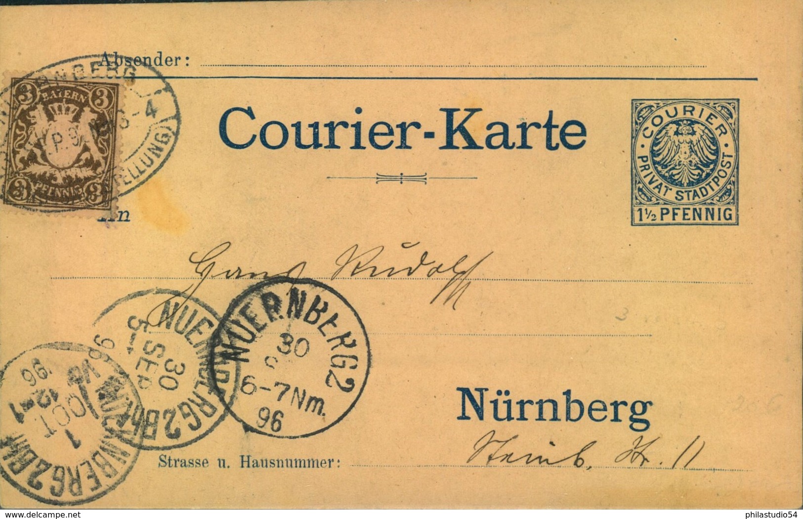 1896, Courier-Karte Frankiert Mit 3 Pfg. Wappen Per Bayer. Post Innerhaltb Nürnberg Befördert. - Private & Local Mails