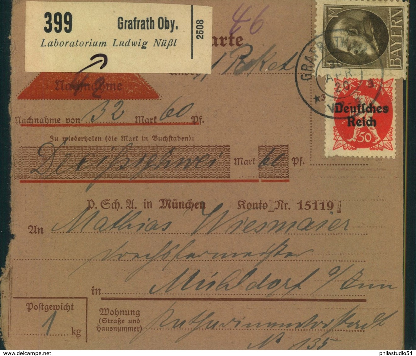 1920, Selbstbucher-Paketkarte Ab "GRAFRATH, 30.APR. 20" Mit MiF Bayern/Deutsches Reich - Cartas & Documentos