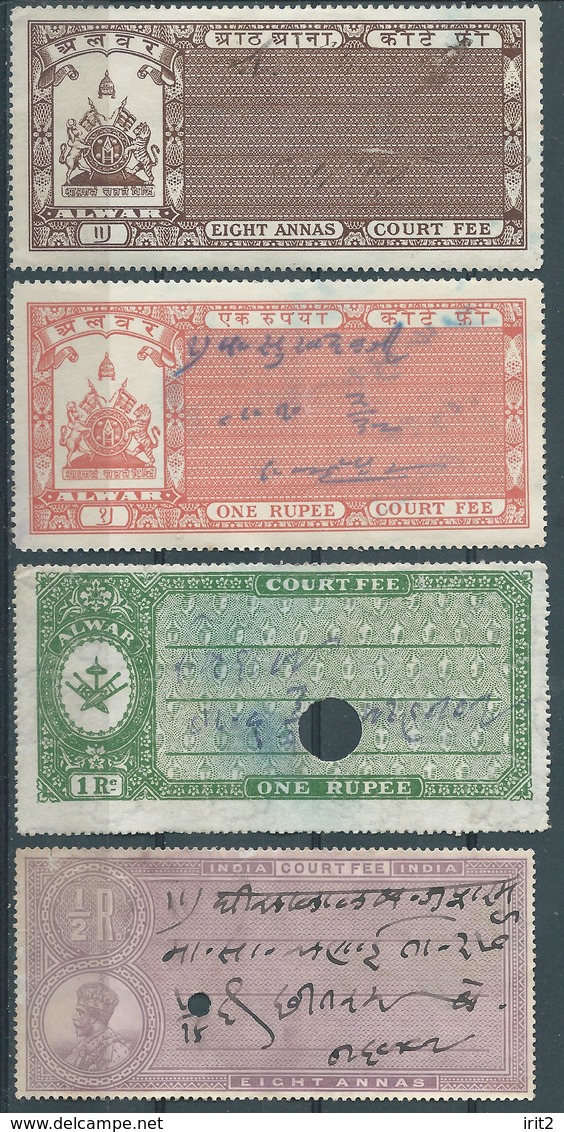 INDIA INDE Princely States Court Fee Alvar, 4 Different Values Of Revenues Stamps Used - Alwar