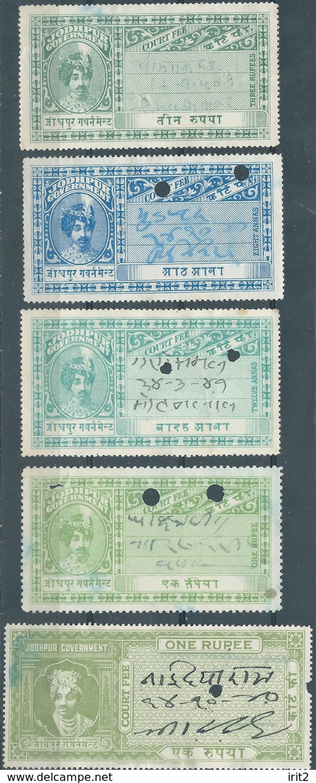 INDIA INDE Princely States Court Fee JODHPUR GOVERMENT,5 Different Values Of Revenues Stamps Used - Cochin