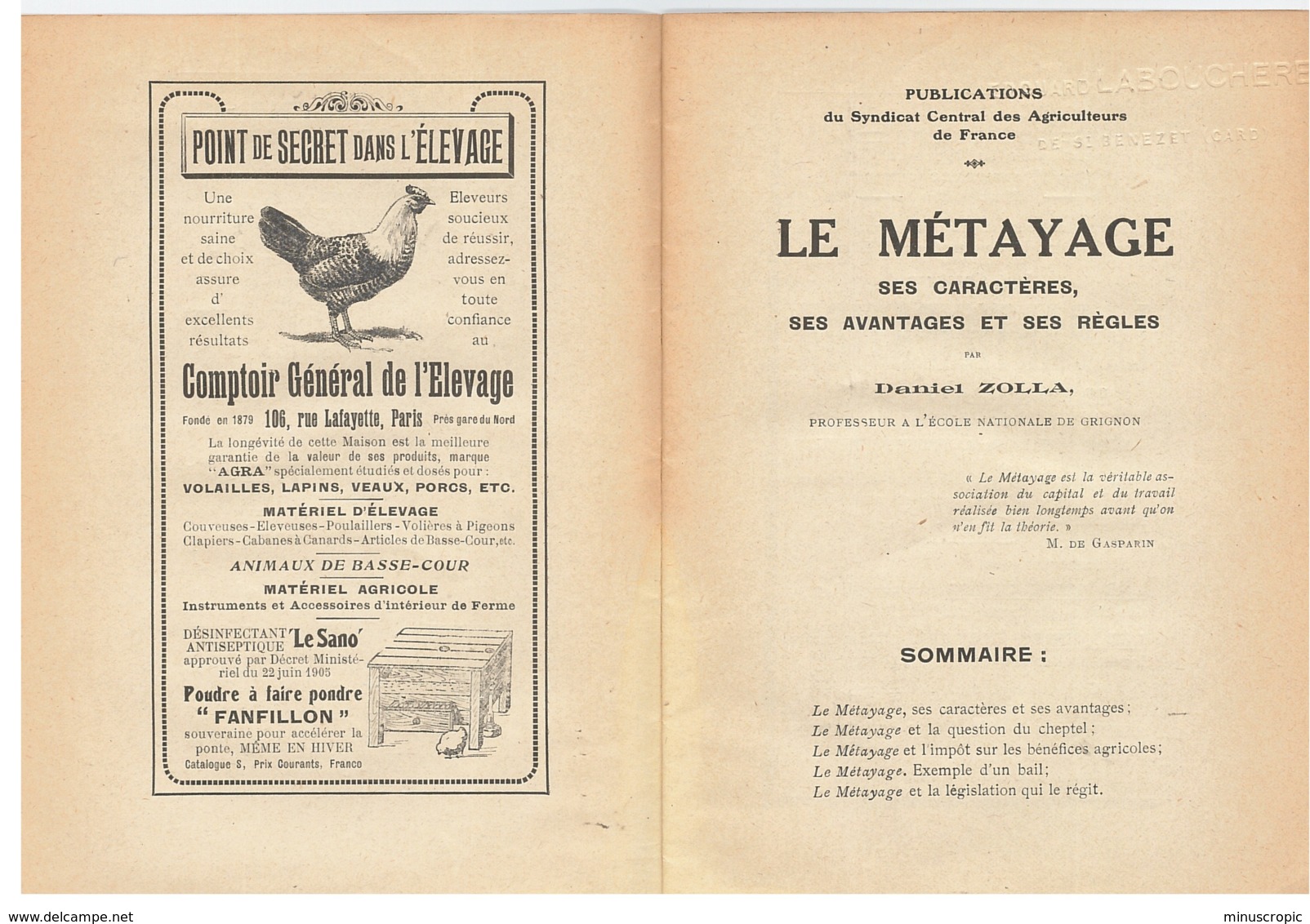 Le Métayage, Ses Caractères, Ses Avantages Et Ses Règles - Daniel ZOLLA - 1920 - Other & Unclassified