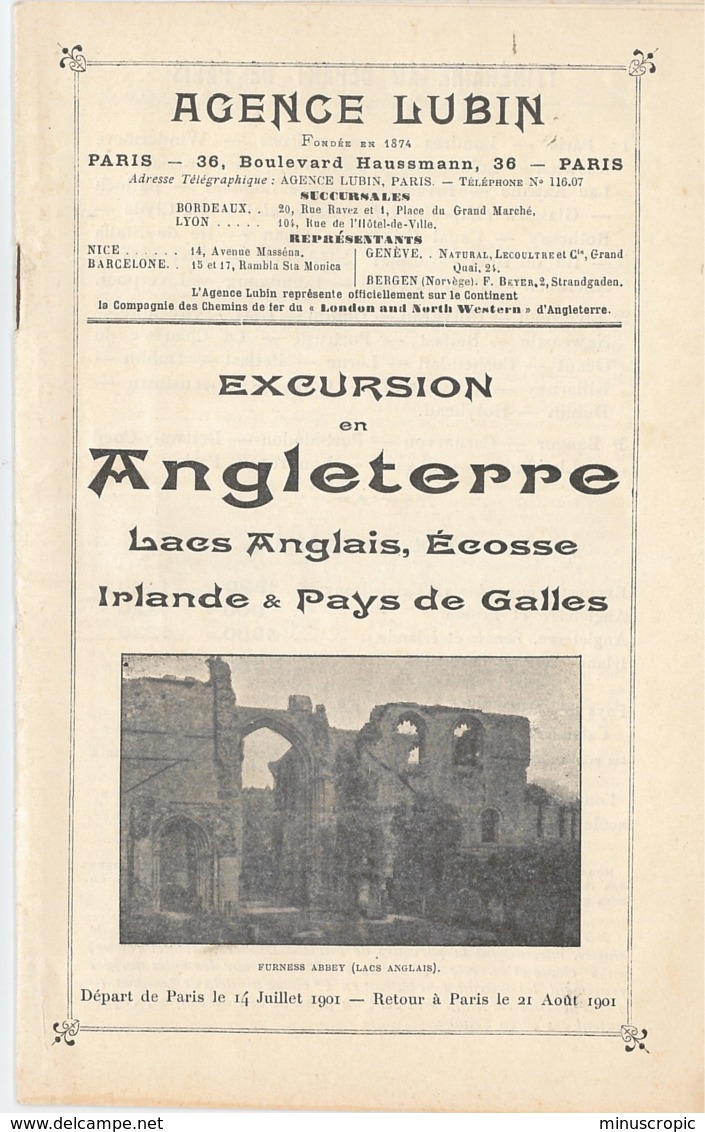 Excursion En Angleterre - Lacs Anglais, Ecosse, Irlande, Pays De Galles - 1901 - Programas