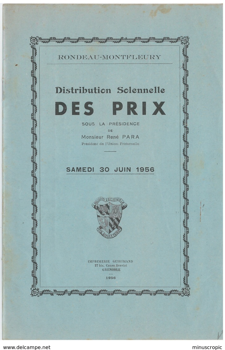 Grenoble - Rondeau Montfleury - Distribution Des Prix - 30 Juin 1956 - Diplome Und Schulzeugnisse