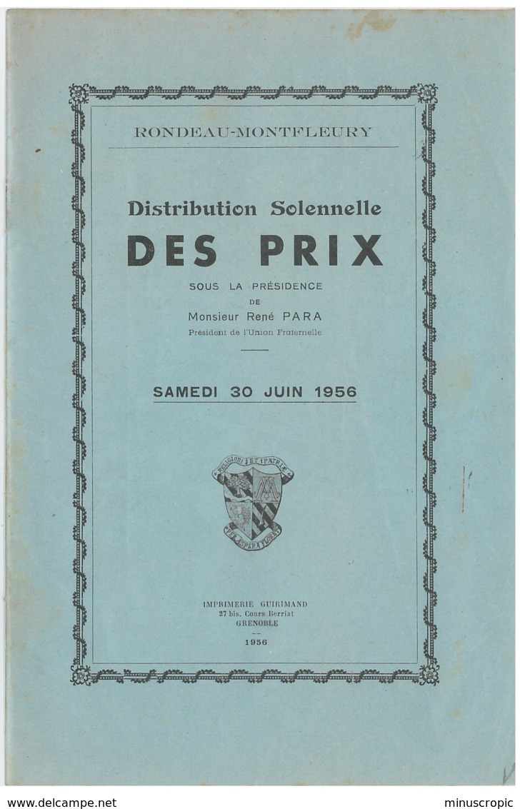 Grenoble - Rondeau Montfleury - Distribution Des Prix - 30 Juin 1956 - Diploma & School Reports