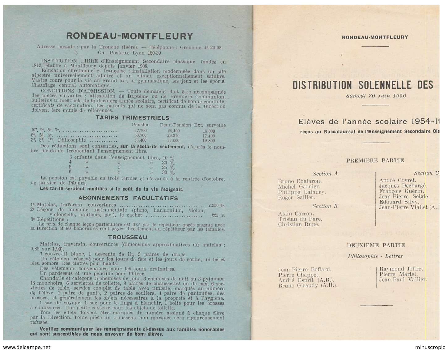 Grenoble - Rondeau Montfleury - Distribution Des Prix - 30 Juin 1956 - Diplomas Y Calificaciones Escolares