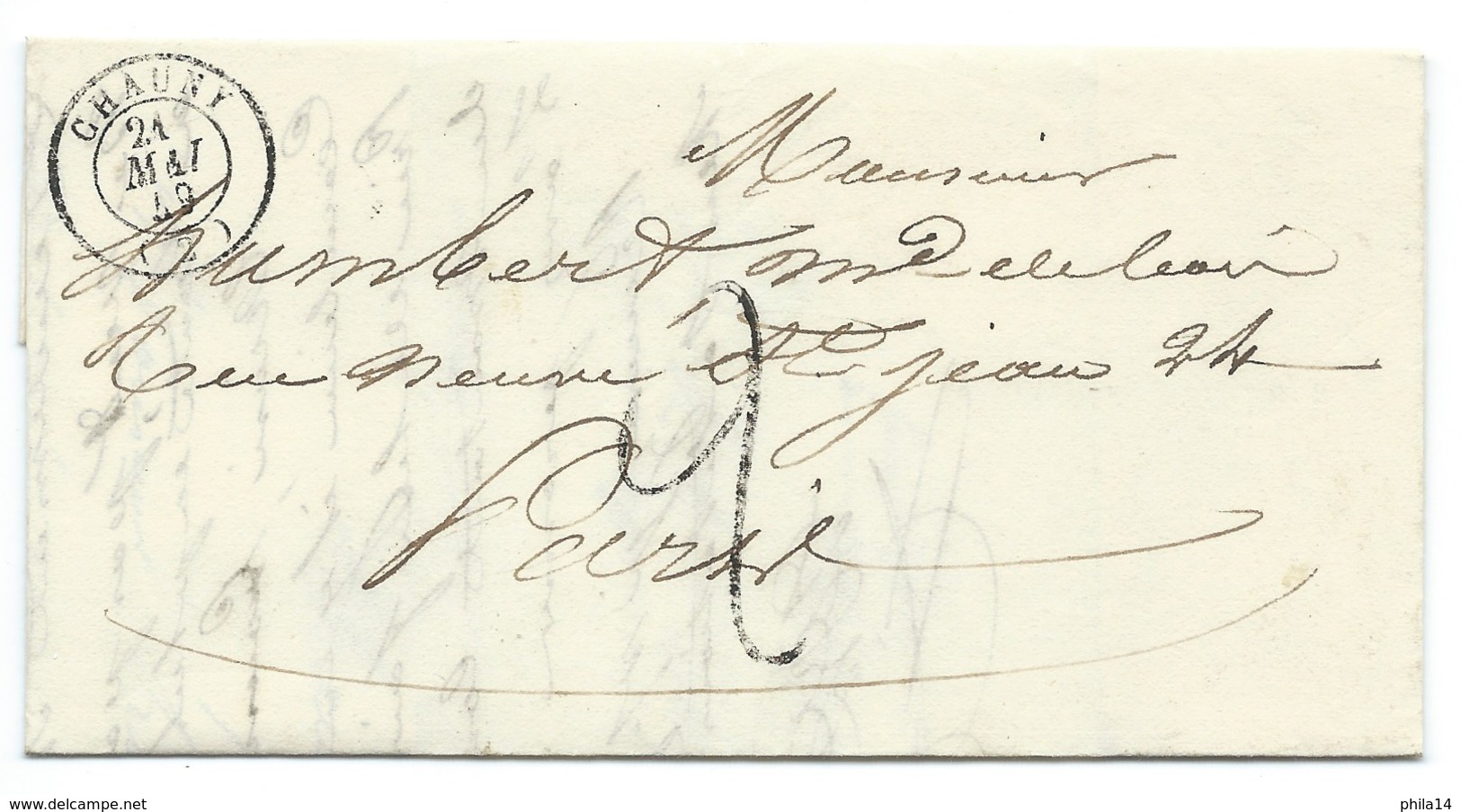 MARQUE POSTALE CHAUNY AISNE POUR PARIS / 1849 / TAXE - 1849-1876: Période Classique