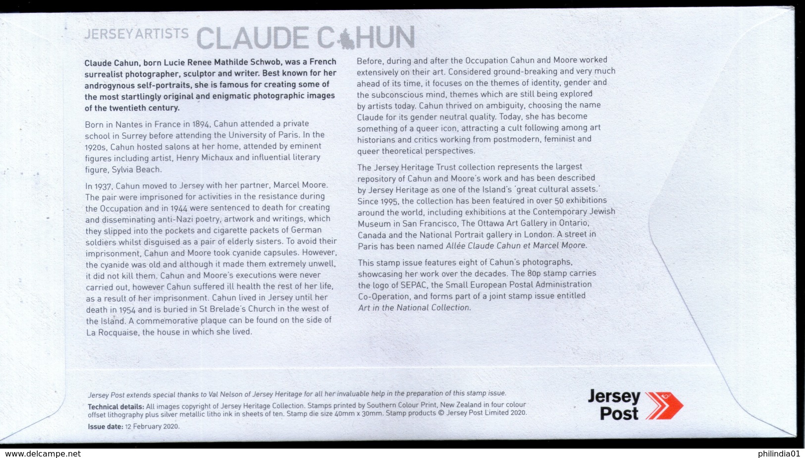 Jersey 2020 Claude Cahun Art Photographer Writer 6v FDC # 228 - Photography