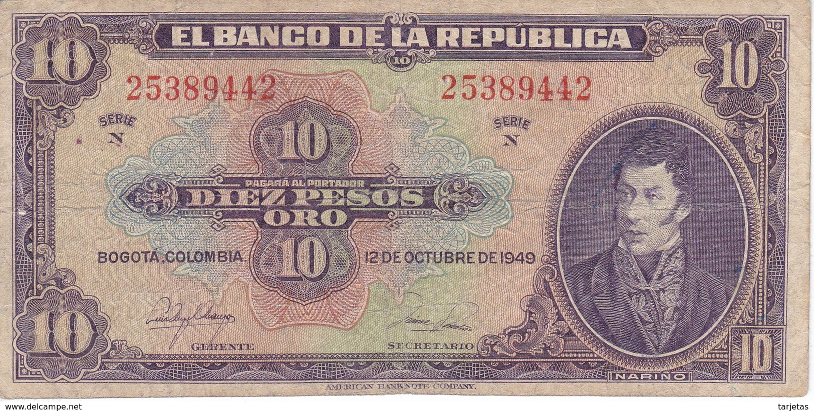 BILLETE DE COLOMBIA DE 10 PESOS DE ORO DEL AÑO 1949 (BANK NOTE) RARO - Colombia