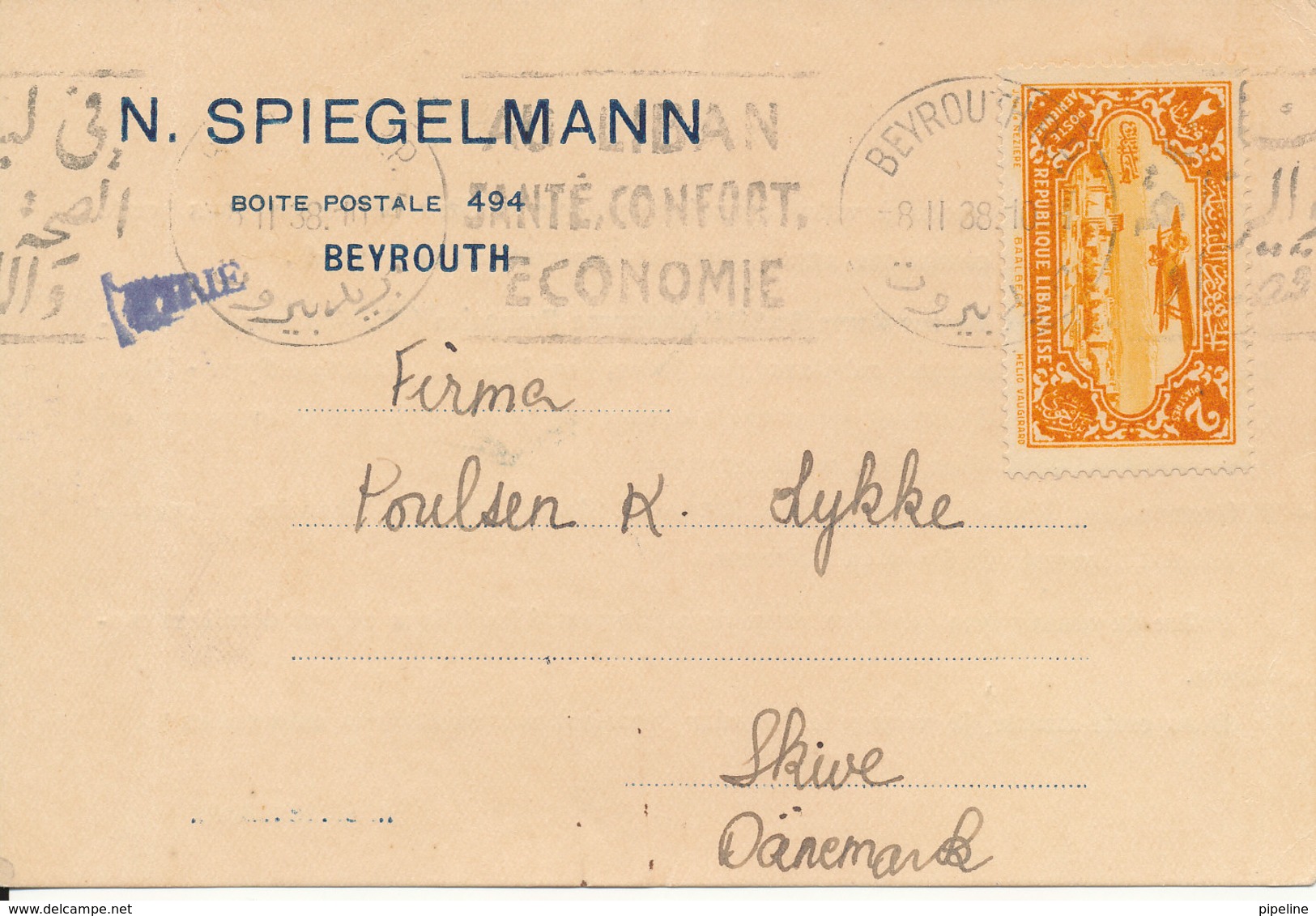 Lebanon Card Sent To Denmark Beyrouth 8-2-1938 Single Franked - Libanon