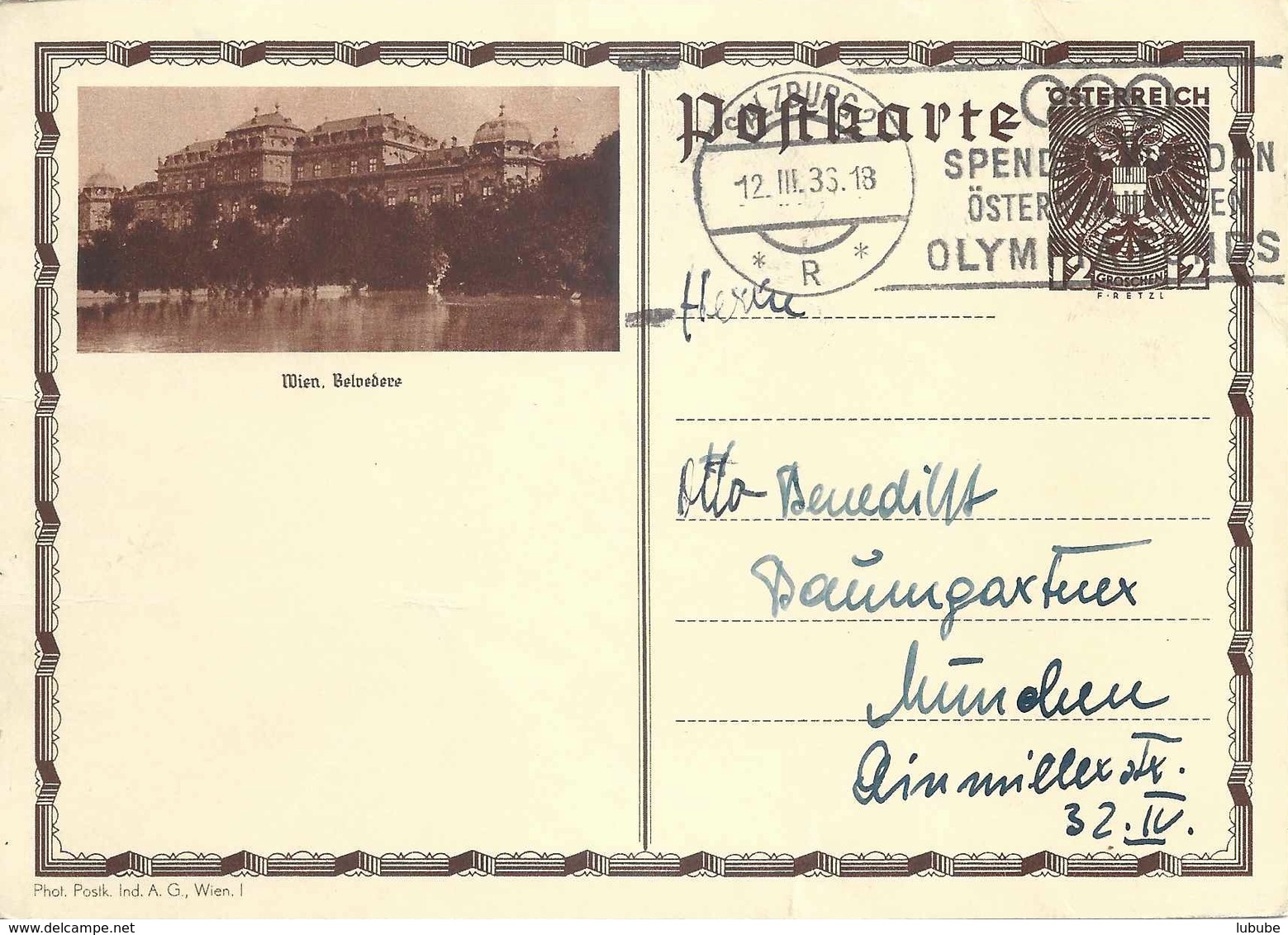 Postkarte  "Wien, Belvedere"  (Flagge Olympia)         1936 - Altri & Non Classificati
