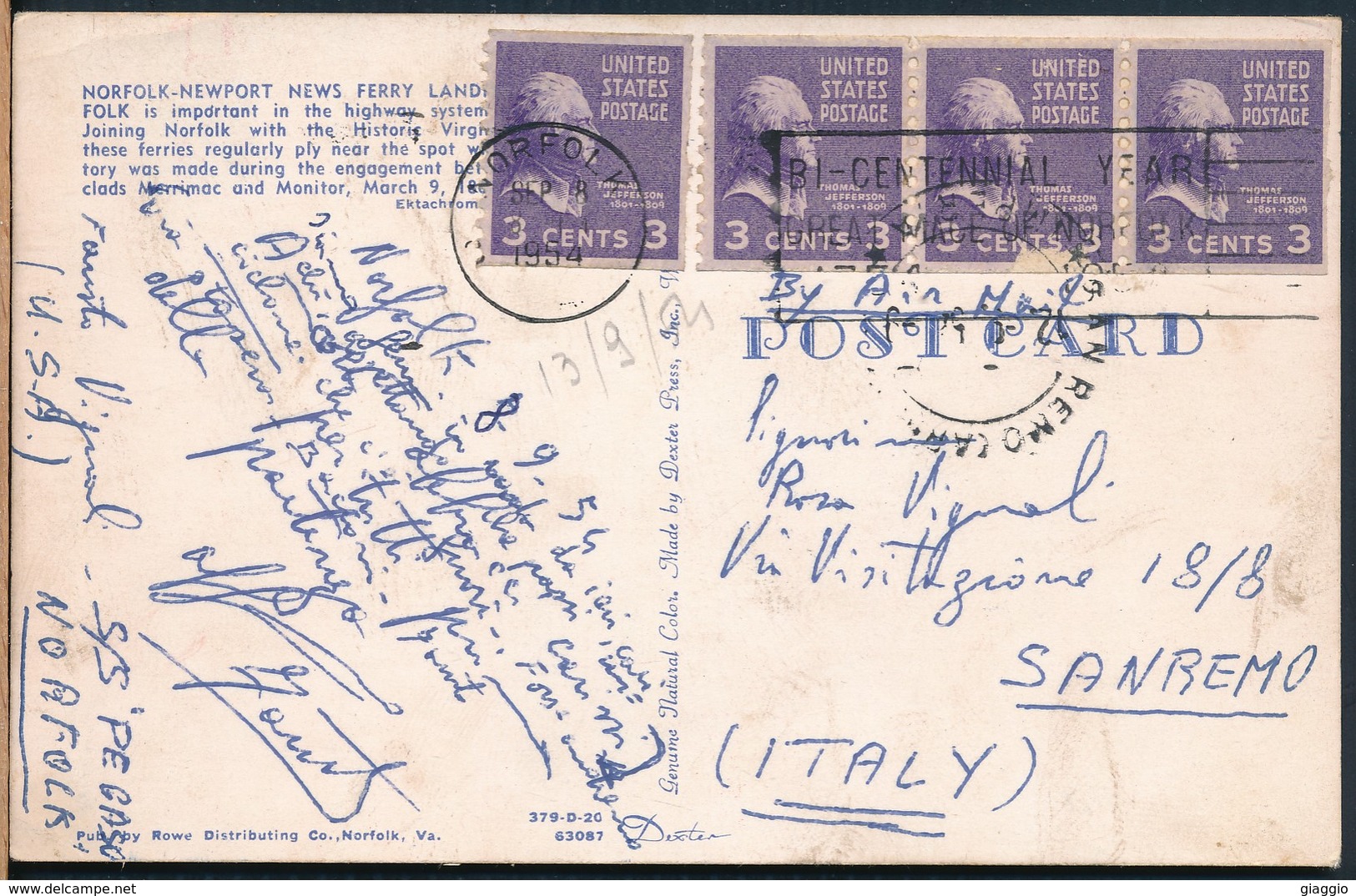 °°° 19620 - USA - VA - NORFOLK NEWPORT NEWS FERRY LANDING - 1954 With Stamps °°° - Norfolk