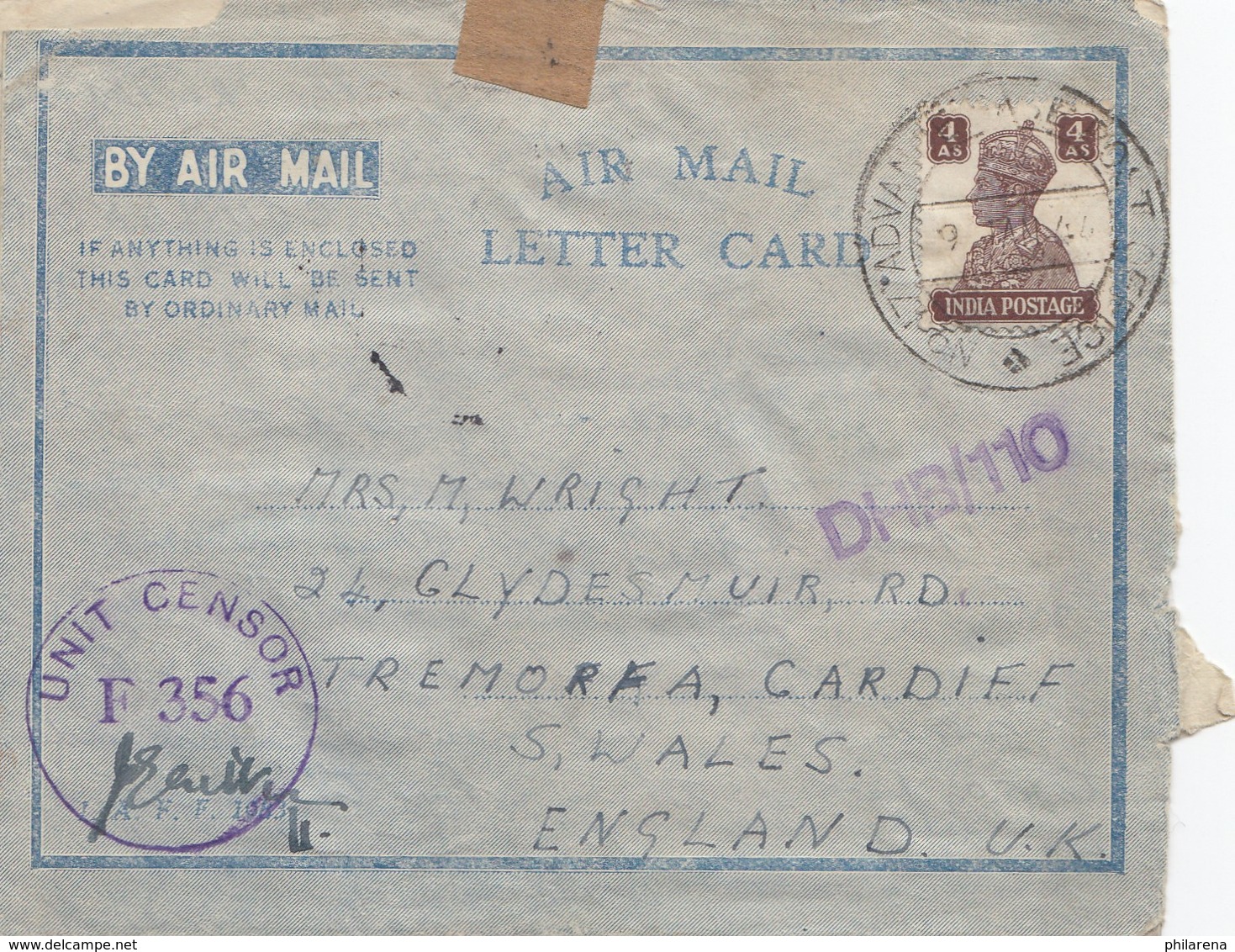 India: 1944: Air Mail Letter Card DHB/110 To Cardiff/Wales, Unit Censor - Other & Unclassified