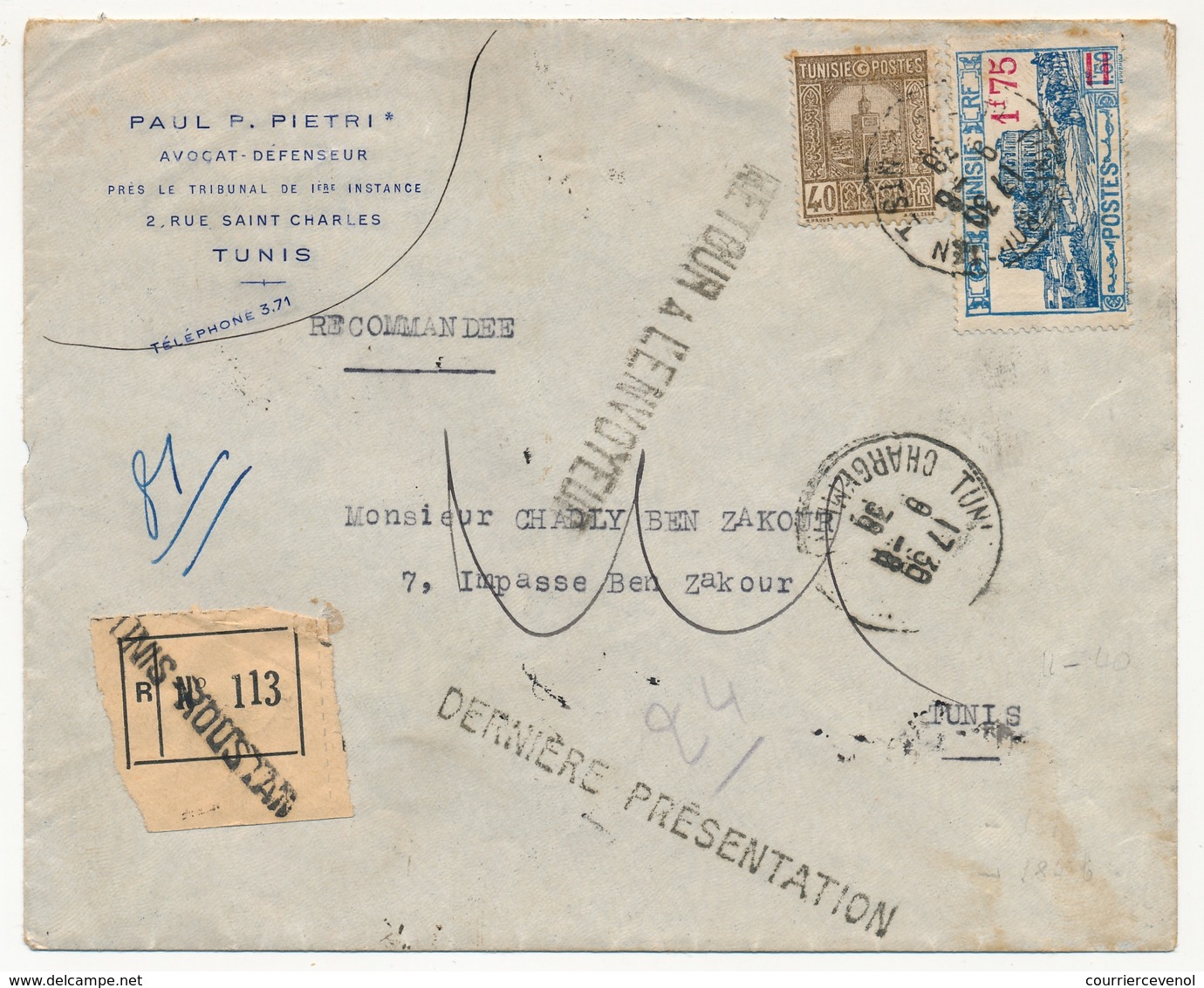 TUNISIE - Env. En Tête Pietri (Avocat) Rec De Tunis Roustan 1938 - Retour Envoyeur / Dernière Présentation - Briefe U. Dokumente