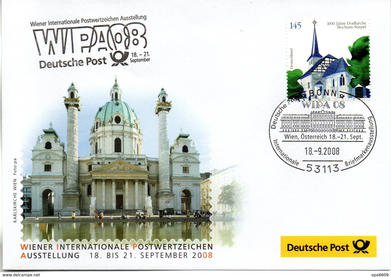 BRD Offizieller Messebeleg "WIPA'08, 16.-25. September WIEN ÖSTERREICH" EF BRD  Mi 2646 SSt 18.9.2008 BONN - Storia Postale