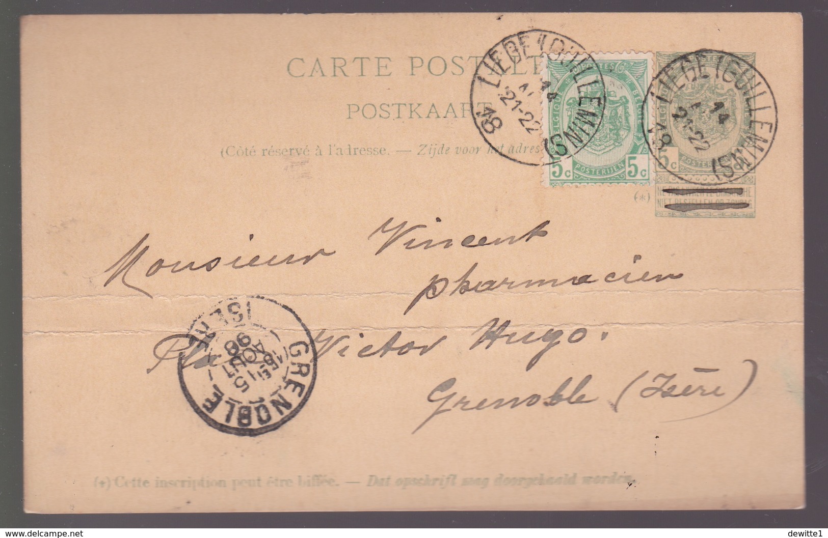 Cartes Postales (entiers 5c Armoire+TP56).    Cachets. Liège 14/8/98. Vers Grenoble - Tarjetas 1871-1909