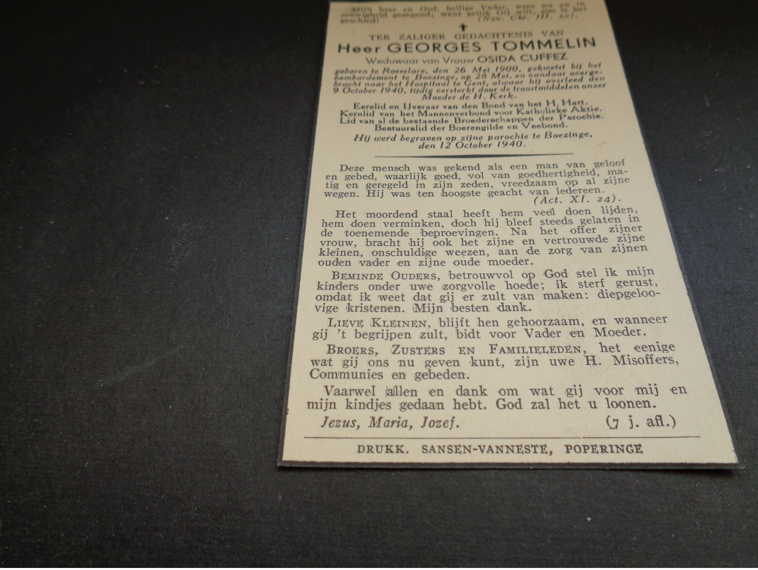 Doodsprentje ( 579 ) Oorlogslachtoffer Tommelin / Cuffez  -  Bombardement  Boezinge  Roeselare  1940 - Todesanzeige