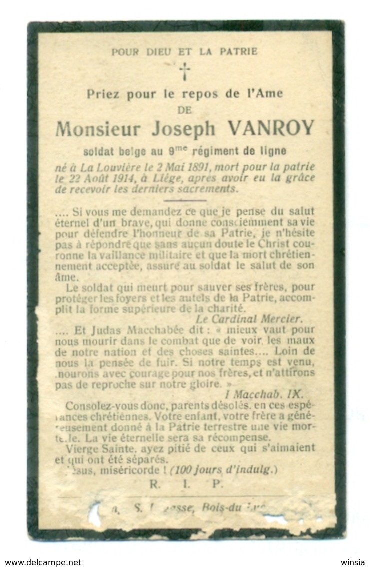 WO1 / WW1 - Doodsprentje Vanroy Joseph - La Louvière / Luik - Gesneuvelde - Décès