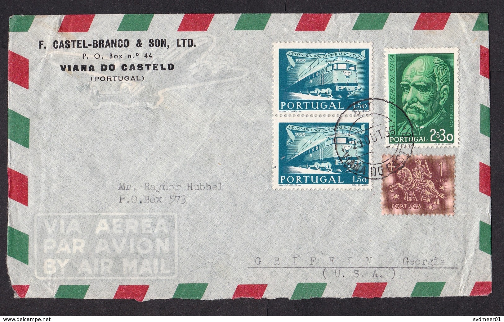 Portugal: Airmail Cover To USA, 1956, 4 Stamps, Train, Transport, Da Silva, Knight, History (minor Damage) - Briefe U. Dokumente