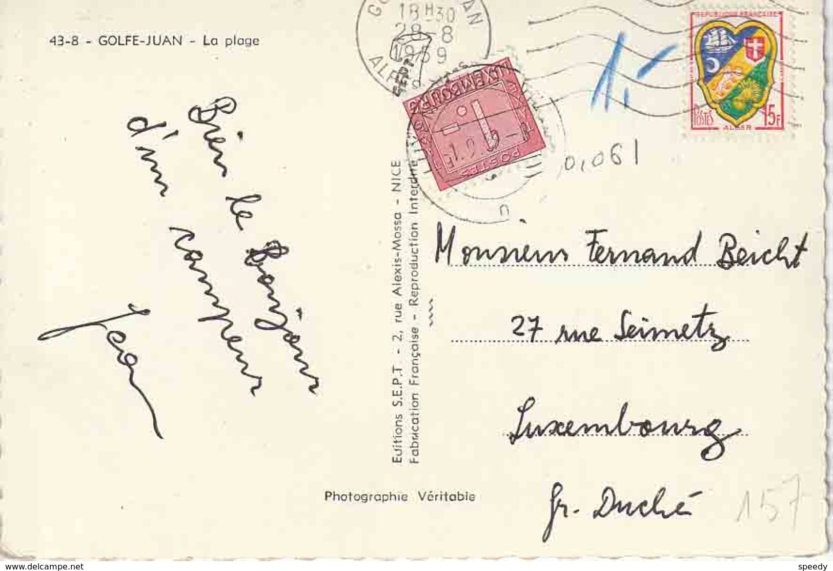 LUXEMBURG TAXE / PORTO ZK PZ (Fr)  "GOLFE - JUAN 28.8.1959"  Naar LUXEMBOURG MET "0,061" En TAXE ZEGEL "1.-" - Taxes