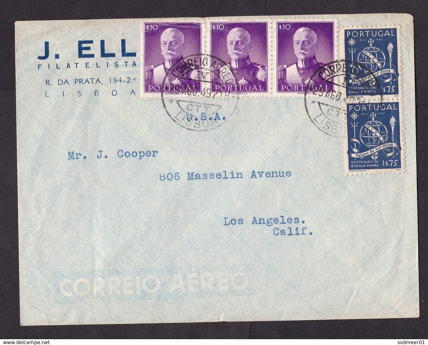 Portugal: Airmail Cover To USA, 1949, 5 Stamps, President Carmona, History (2 Left Stamps Damaged) - Brieven En Documenten