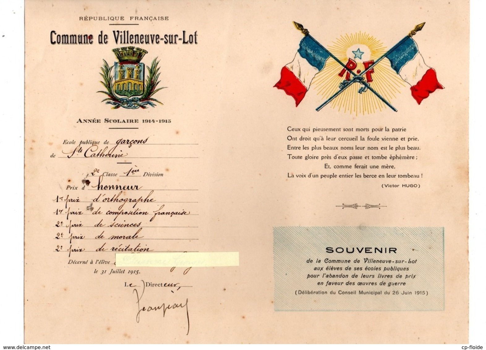 47 - VILLENEUVE-SUR-LOT . ANNÉE SCOLAIRE 1914/1915 . École Publique De Garçons De Sainte-Catherine - Réf. N°101P - - Diplomi E Pagelle