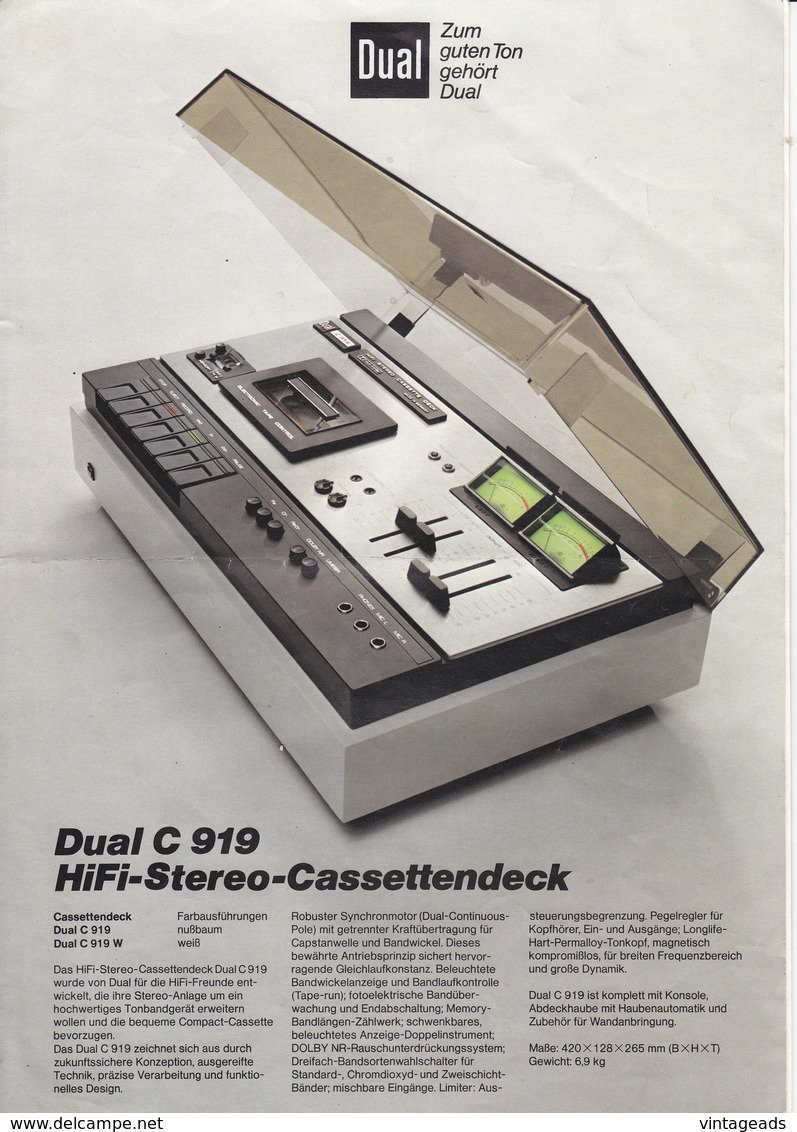 (AD387) Original Werbung Und Bedienungsanleitung DUAL C919 Kassettendeck, 1976 - Shop-Manuals