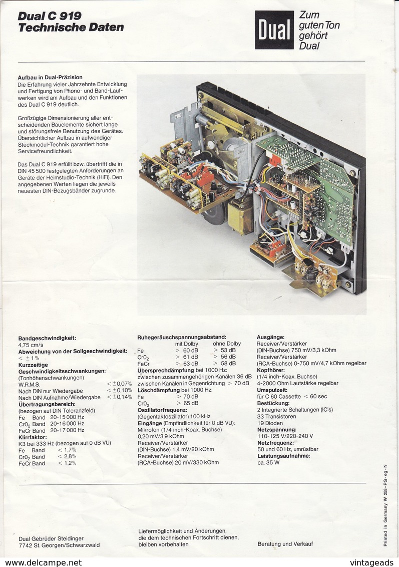 (AD387) Original Werbung Und Bedienungsanleitung DUAL C919 Kassettendeck, 1976 - Manuels De Réparation