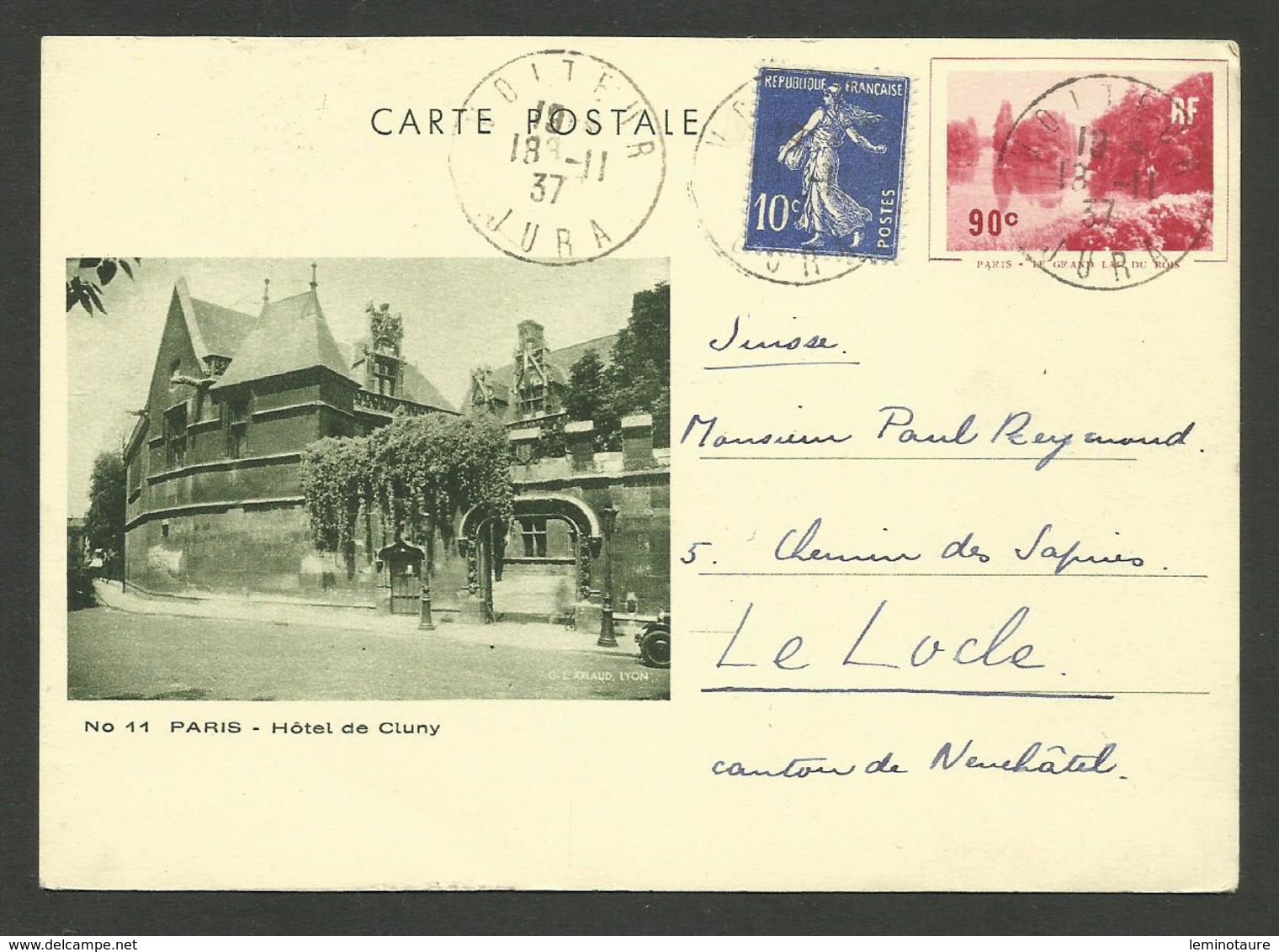 Entier 90c " Hotel De Cluny - Le Grand Lac Du Bois / VOITEUR - JURA 18.11.1937 >>> LE LOCLE - SUISSE - 1921-1960: Moderne