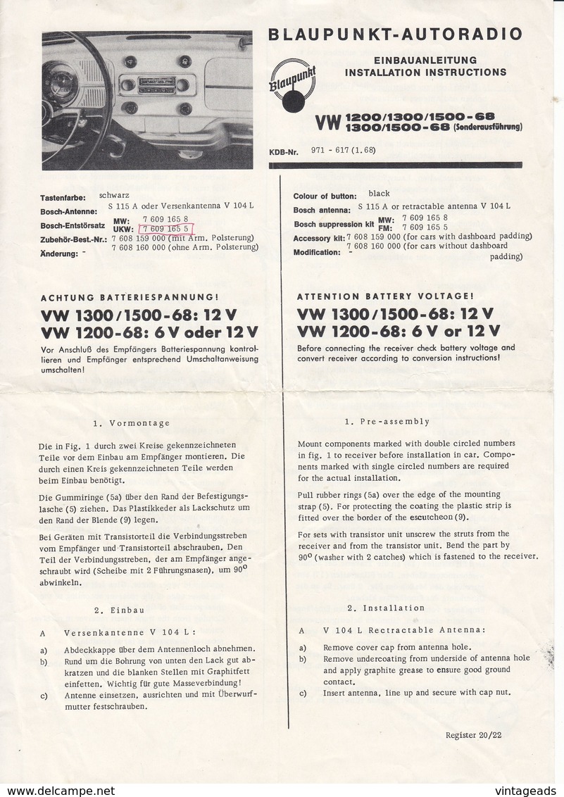 (AD390) Original Einbauanleitungen Von BLAUPUNKT Für VW 1200/1300/1500 Von 1966 - 1968 - Manuels De Réparation