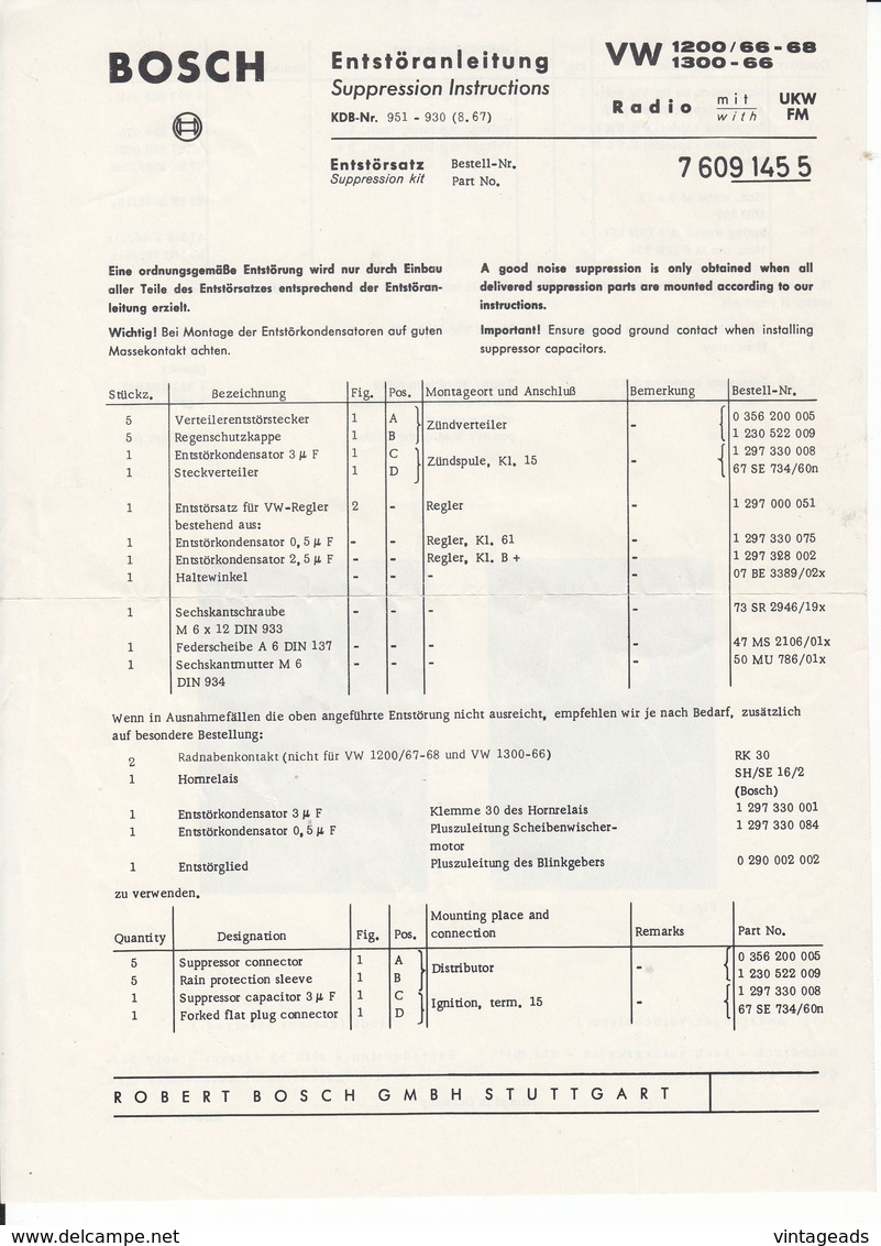 (AD390) Original Einbauanleitungen Von BLAUPUNKT Für VW 1200/1300/1500 Von 1966 - 1968 - Herstelhandleidingen