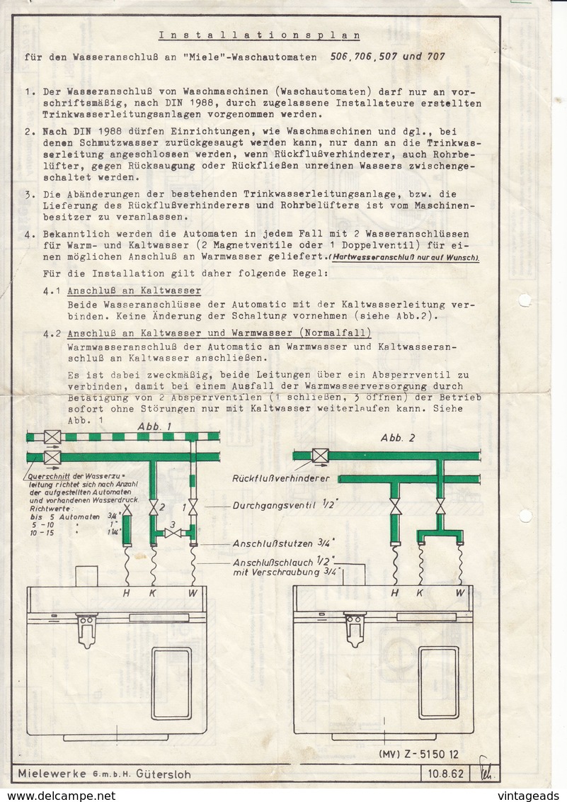 (AD393) Original Einbauanleitung Installationsplan MIELE Waschautomat 506 - 706 - 507 Und 707 - Manuels De Réparation