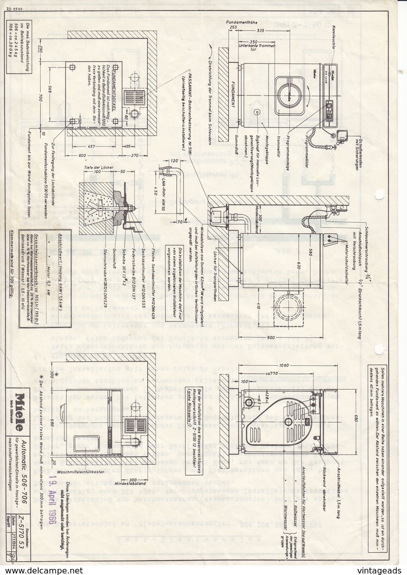 (AD393) Original Einbauanleitung Installationsplan MIELE Waschautomat 506 - 706 - 507 Und 707 - Manuels De Réparation