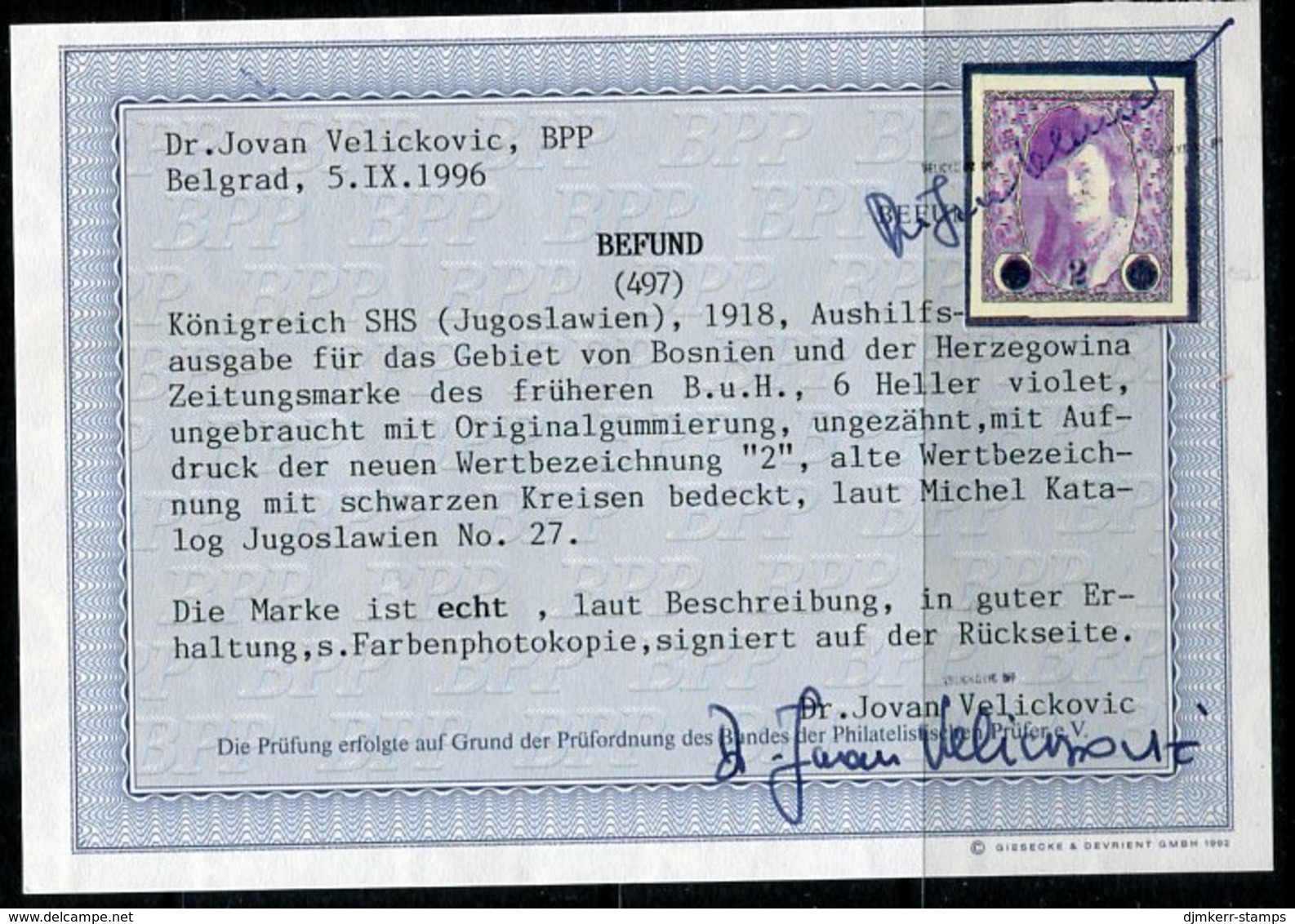 YUGOSLAVIA (SHS) 1919 Surcharge 2 On 6 H. With Velickovic Certificate MNH / **.  Michel 27 - Ongebruikt