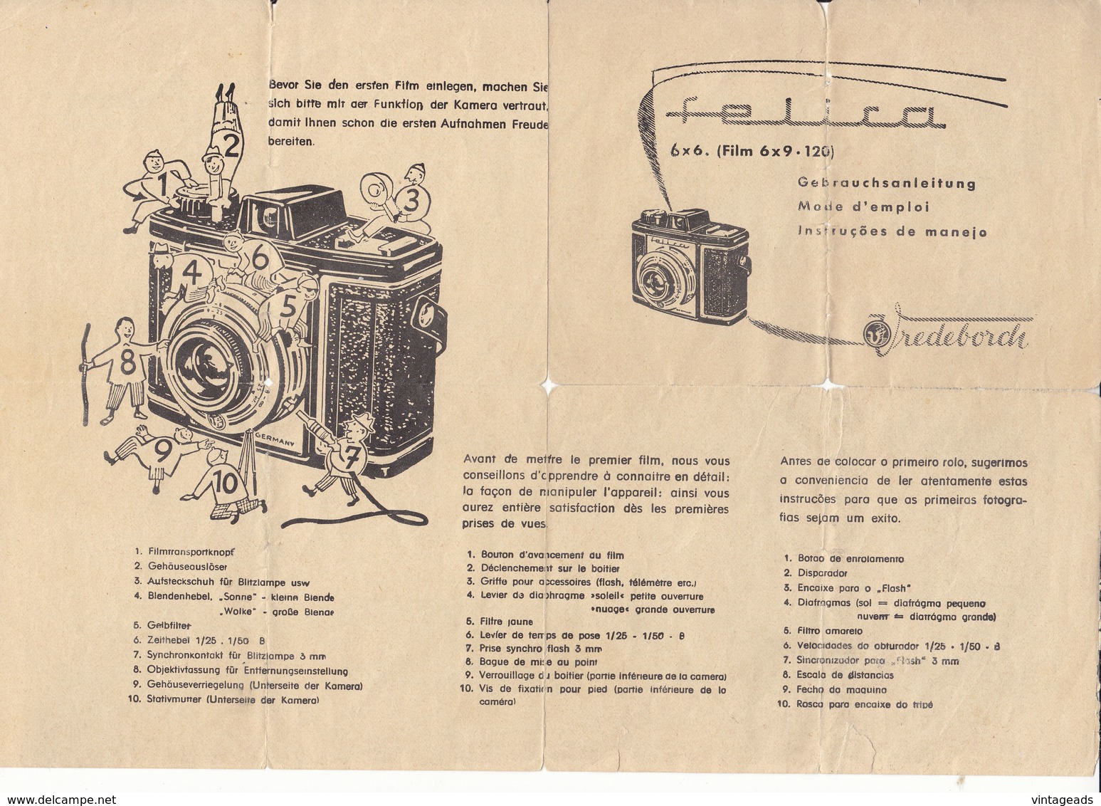 (AD394) Original Bedienungsanleitung VREDEBORCH Felica Kamera 6x6, 3-sprachig - Reparaturanleitungen